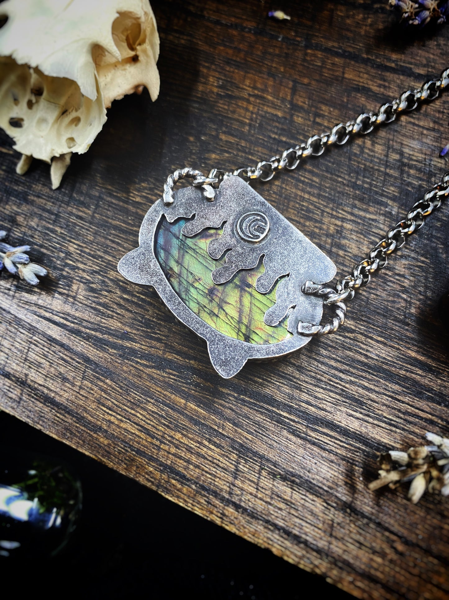 Labradorite Boiling Cauldron Necklace In Silver