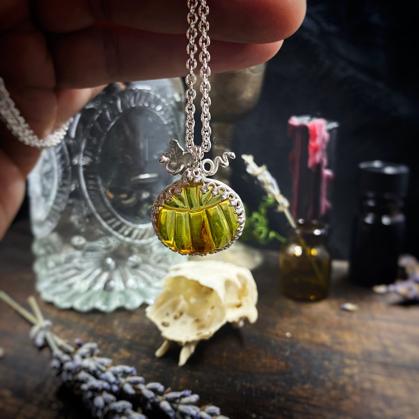Small Amber Pumpkin Necklace In Sterling Silver