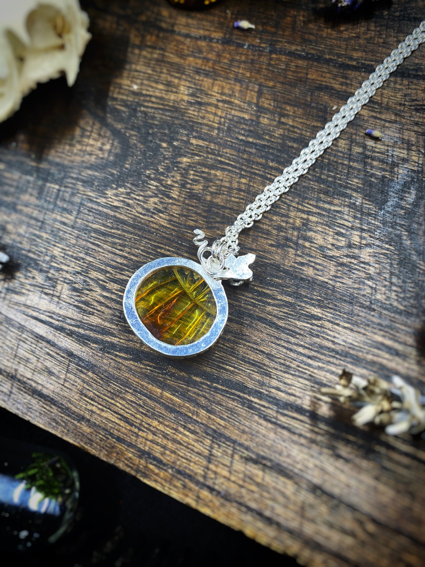 Small Amber Pumpkin Necklace In Sterling Silver