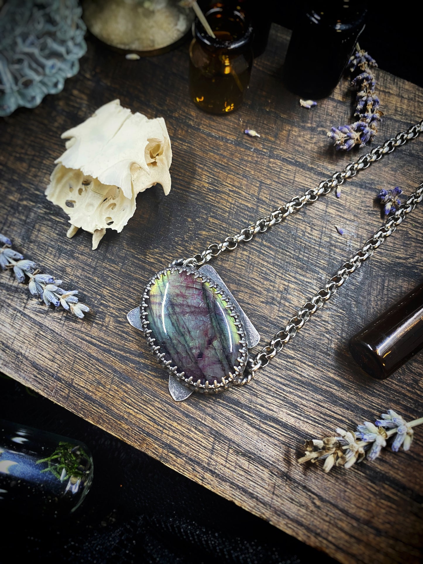 Labradorite Boiling Cauldron Necklace In Silver