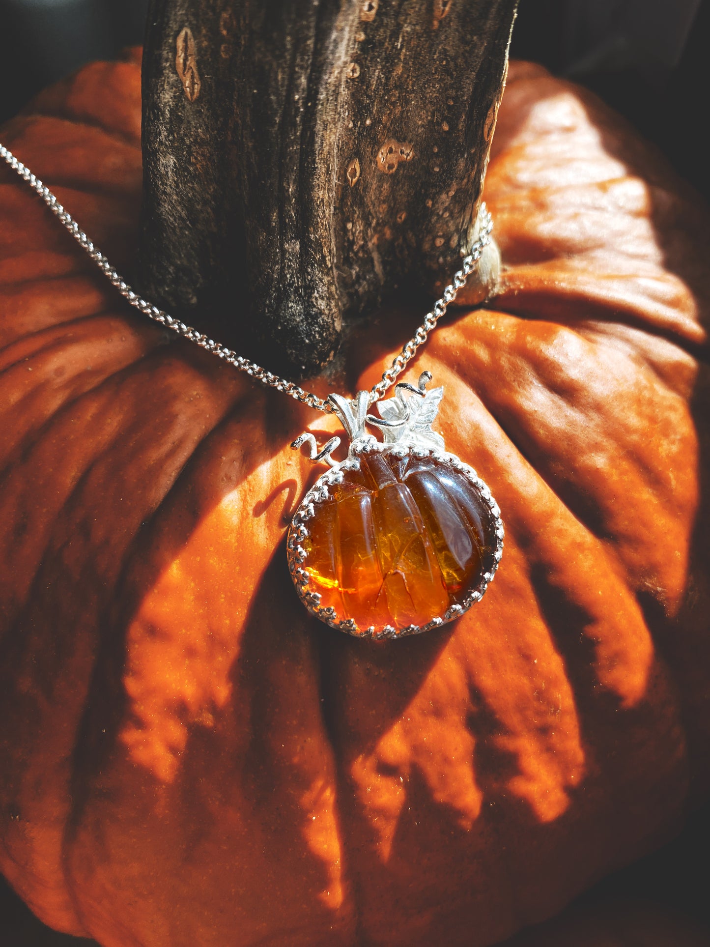 Large Amber Pumpkin Necklace In Sterling Silver