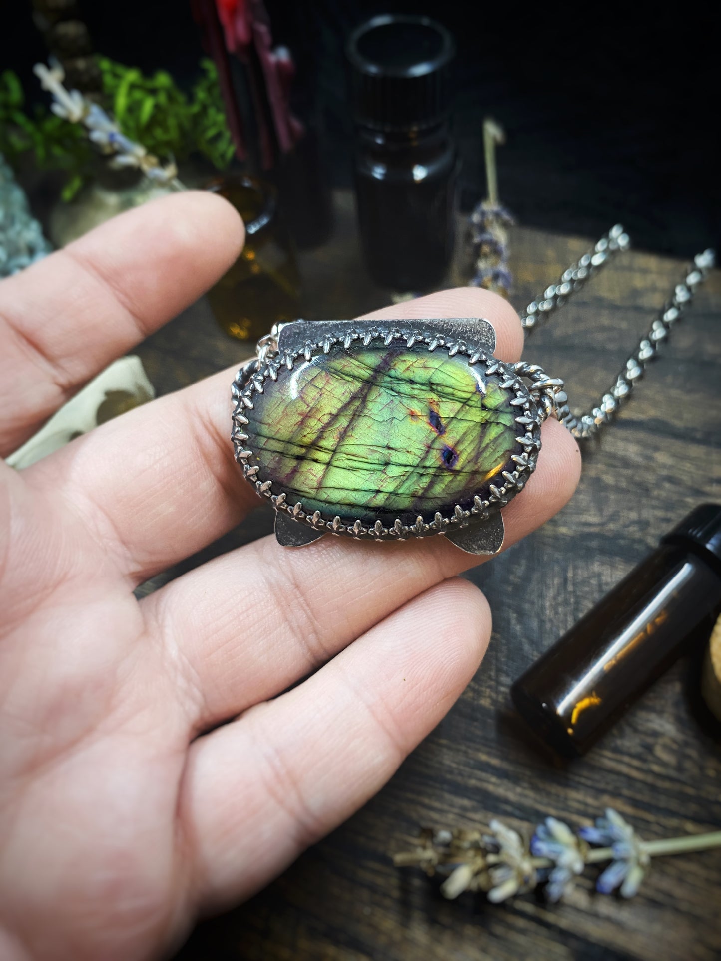 Labradorite Boiling Cauldron Necklace In Silver