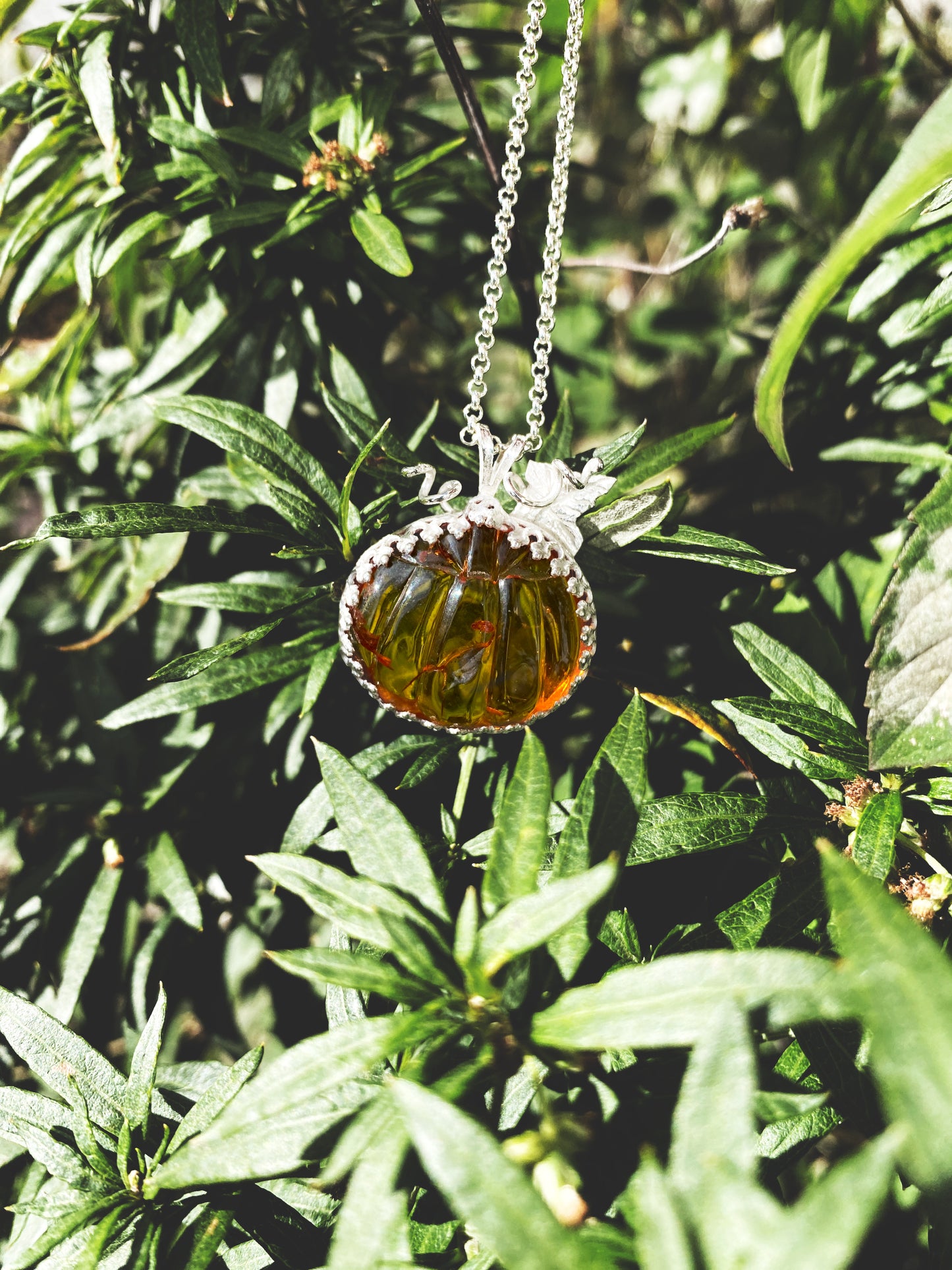 Large Amber Pumpkin Necklace In Sterling Silver
