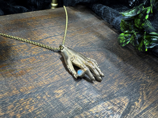 Bronze Alchemist's Hand Pendant with Labradorite
