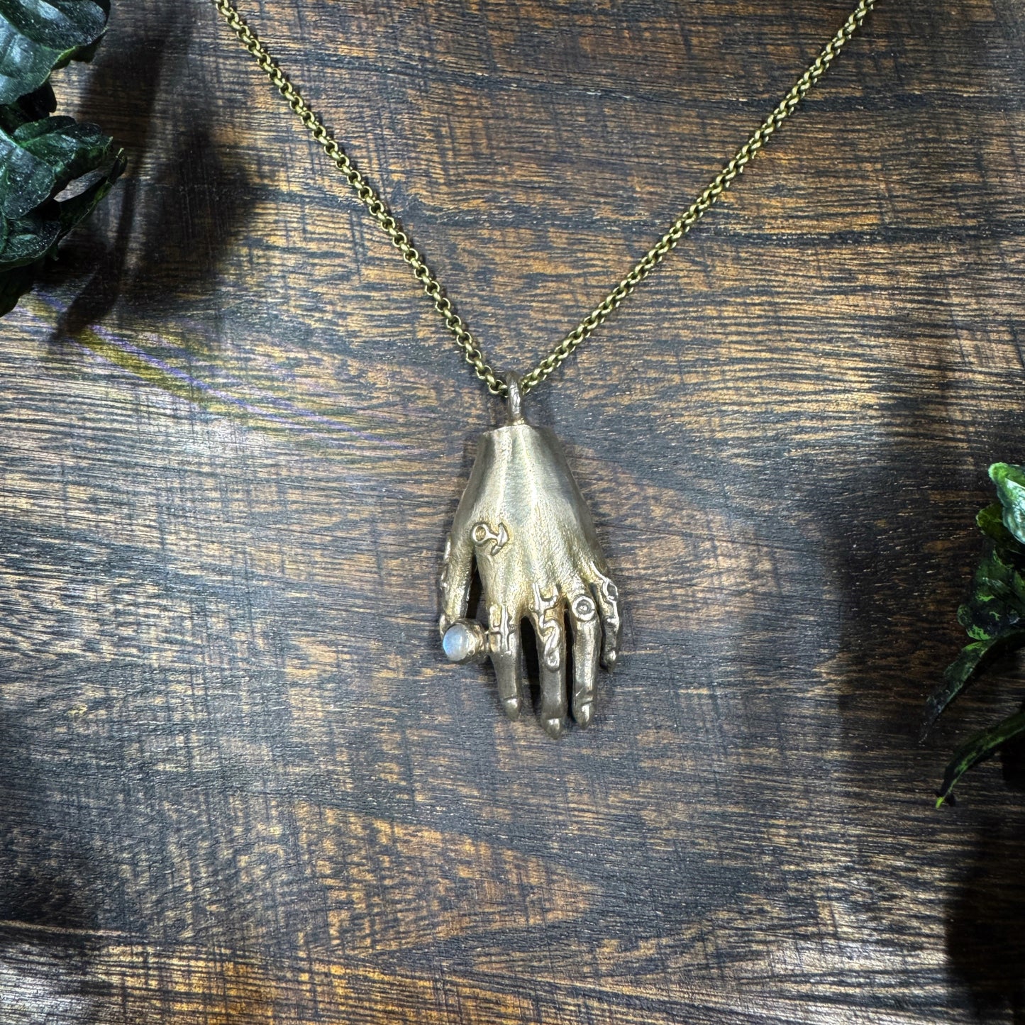Bronze Alchemist's Hand Pendant with Labradorite