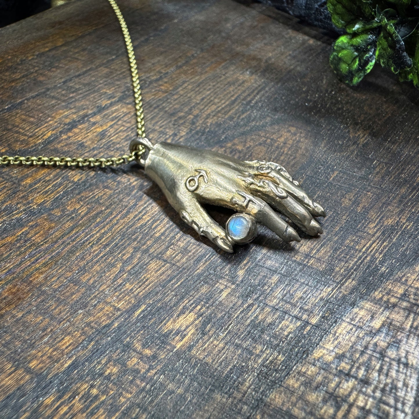 Bronze Alchemist's Hand Pendant with Labradorite