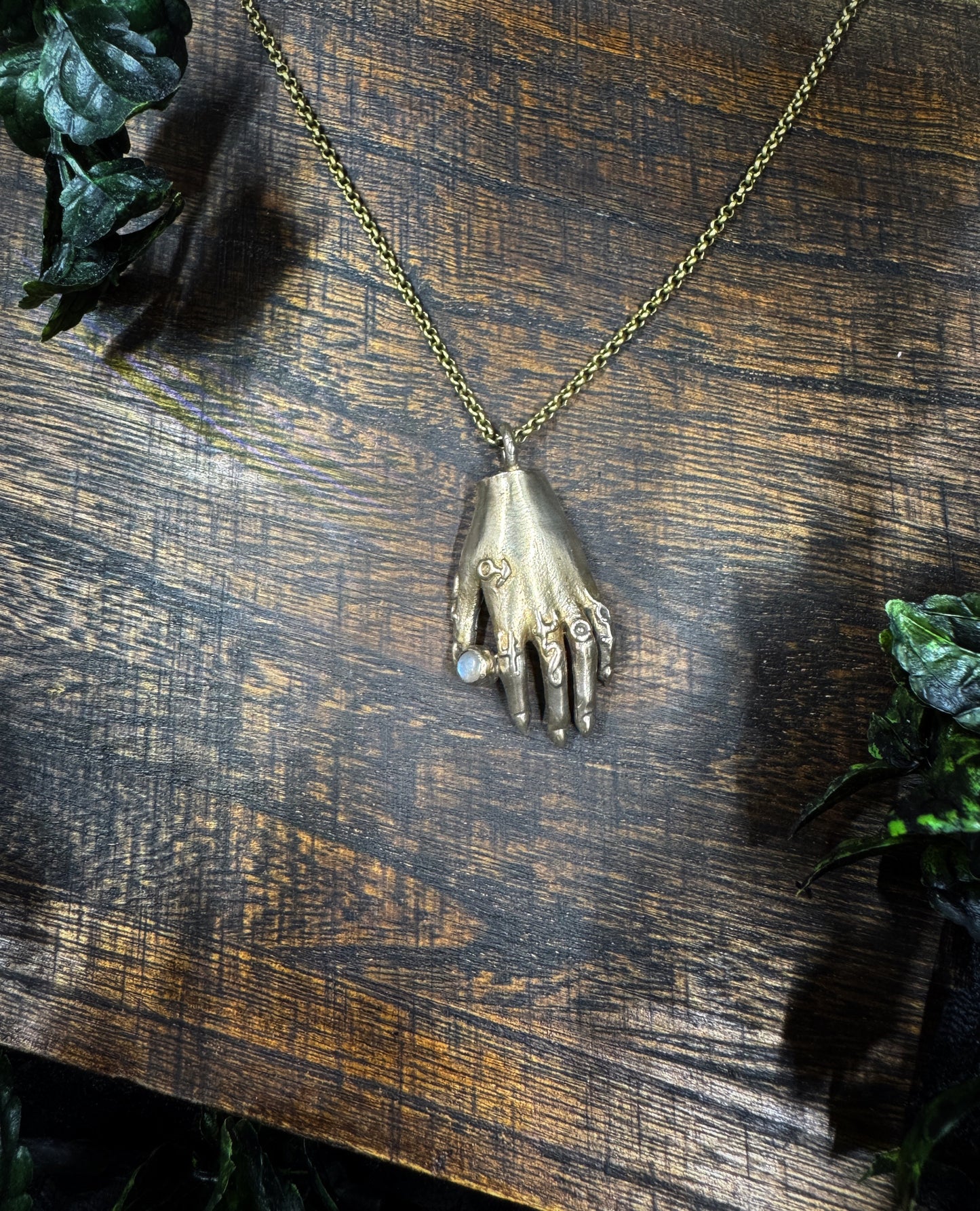 Bronze Alchemist's Hand Pendant with Labradorite