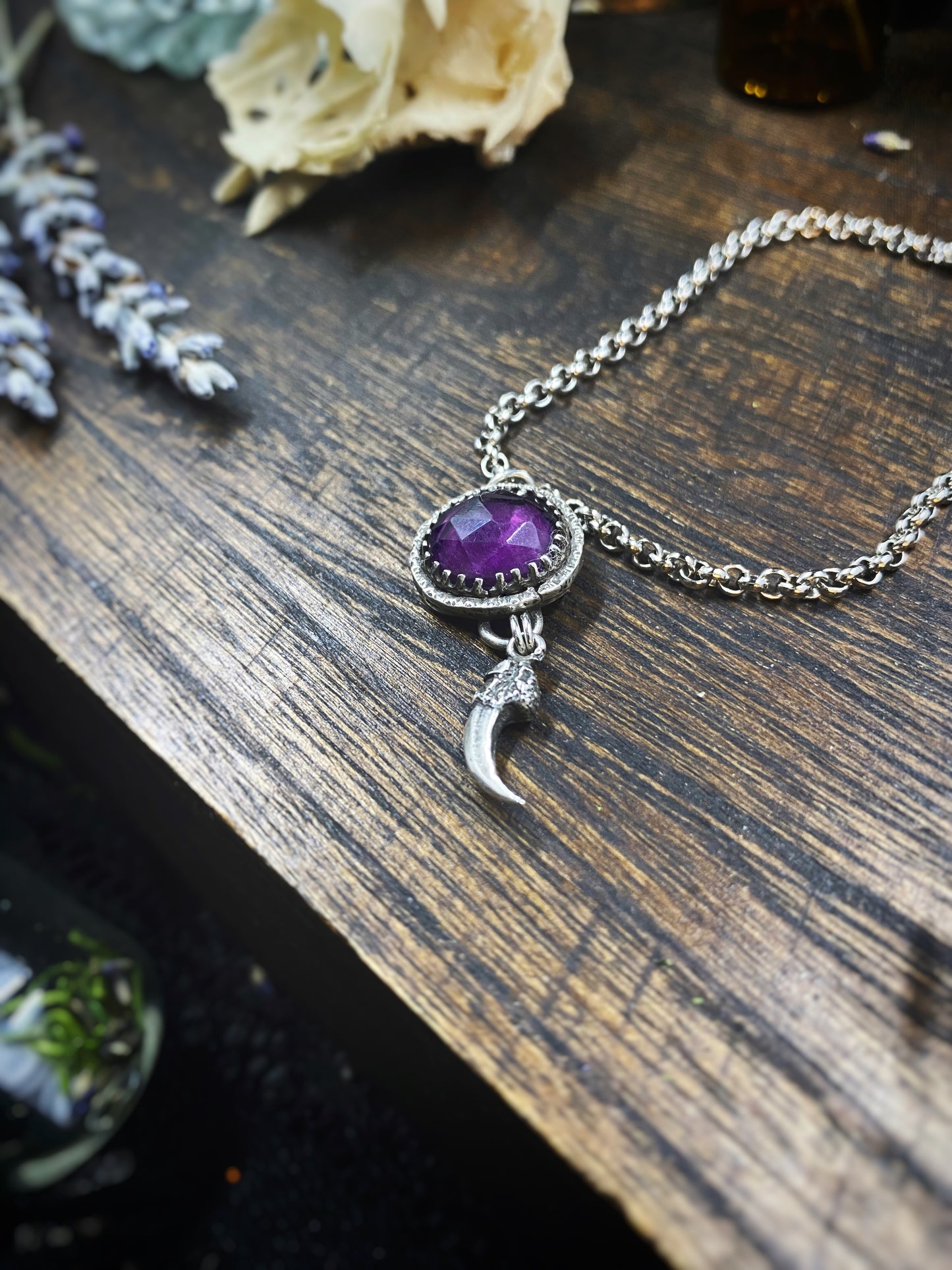 Fluorite Necklace with Crow Talon Talon Charm in Silver