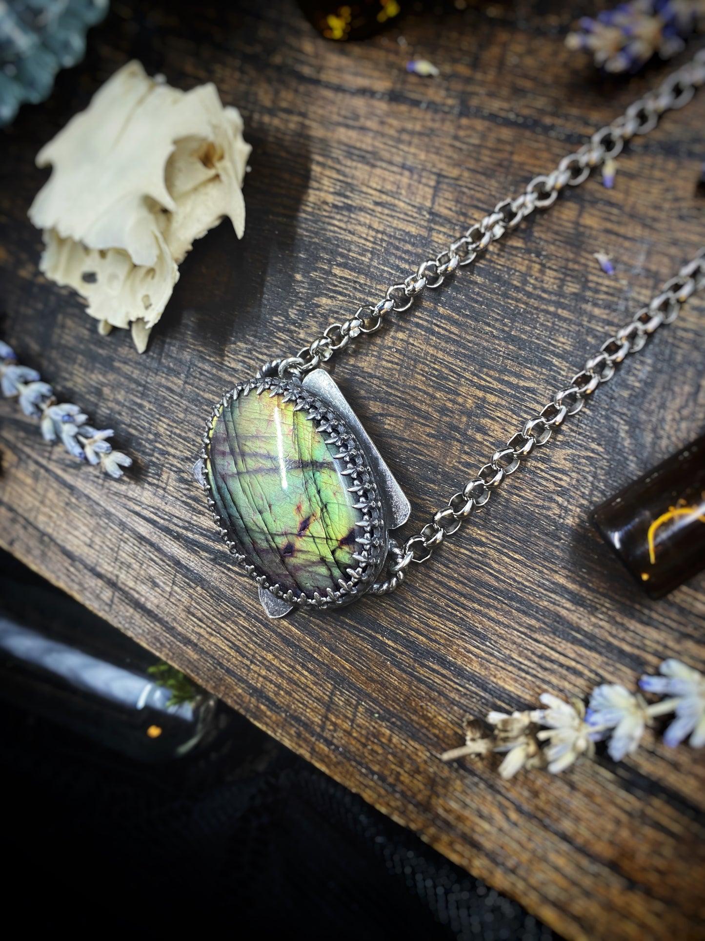 Labradorite Boiling Cauldron Necklace In Silver