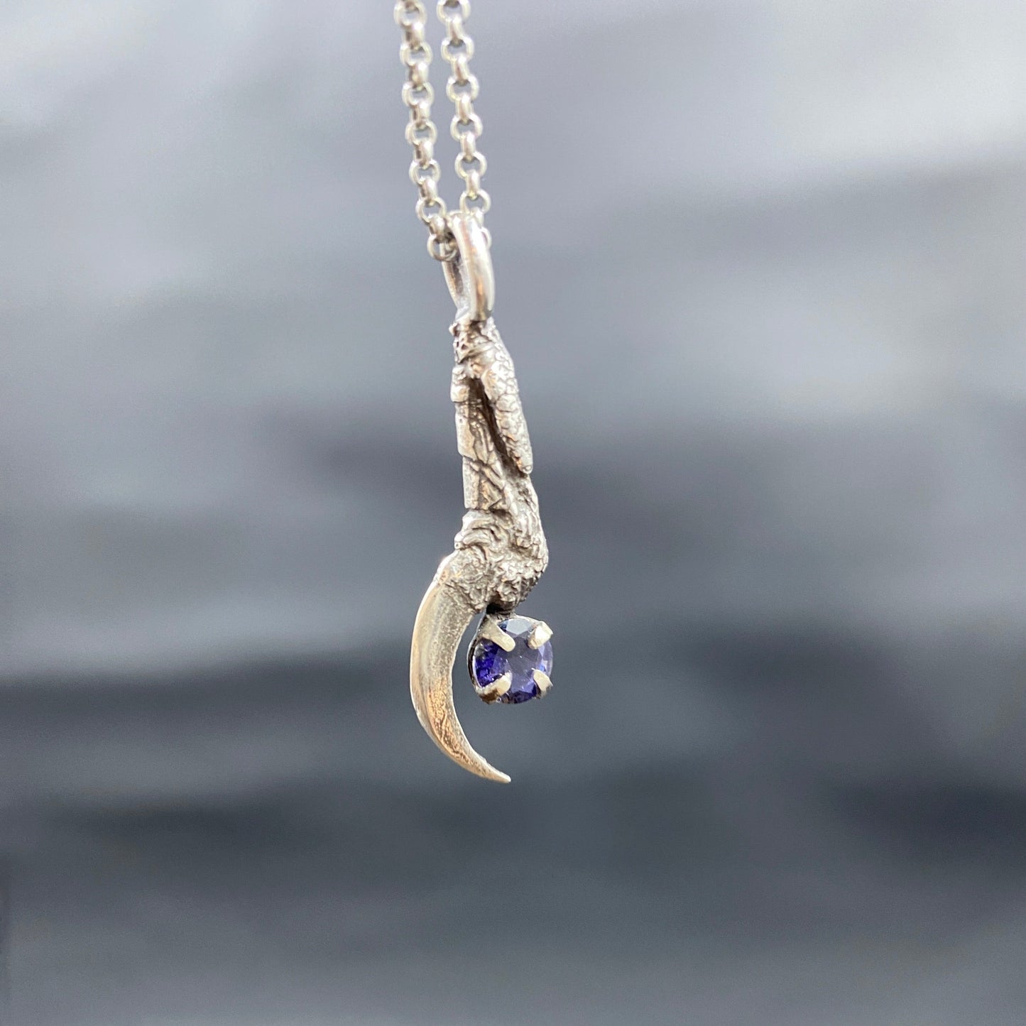 Large Silver Crow Talon Necklace with Iolite