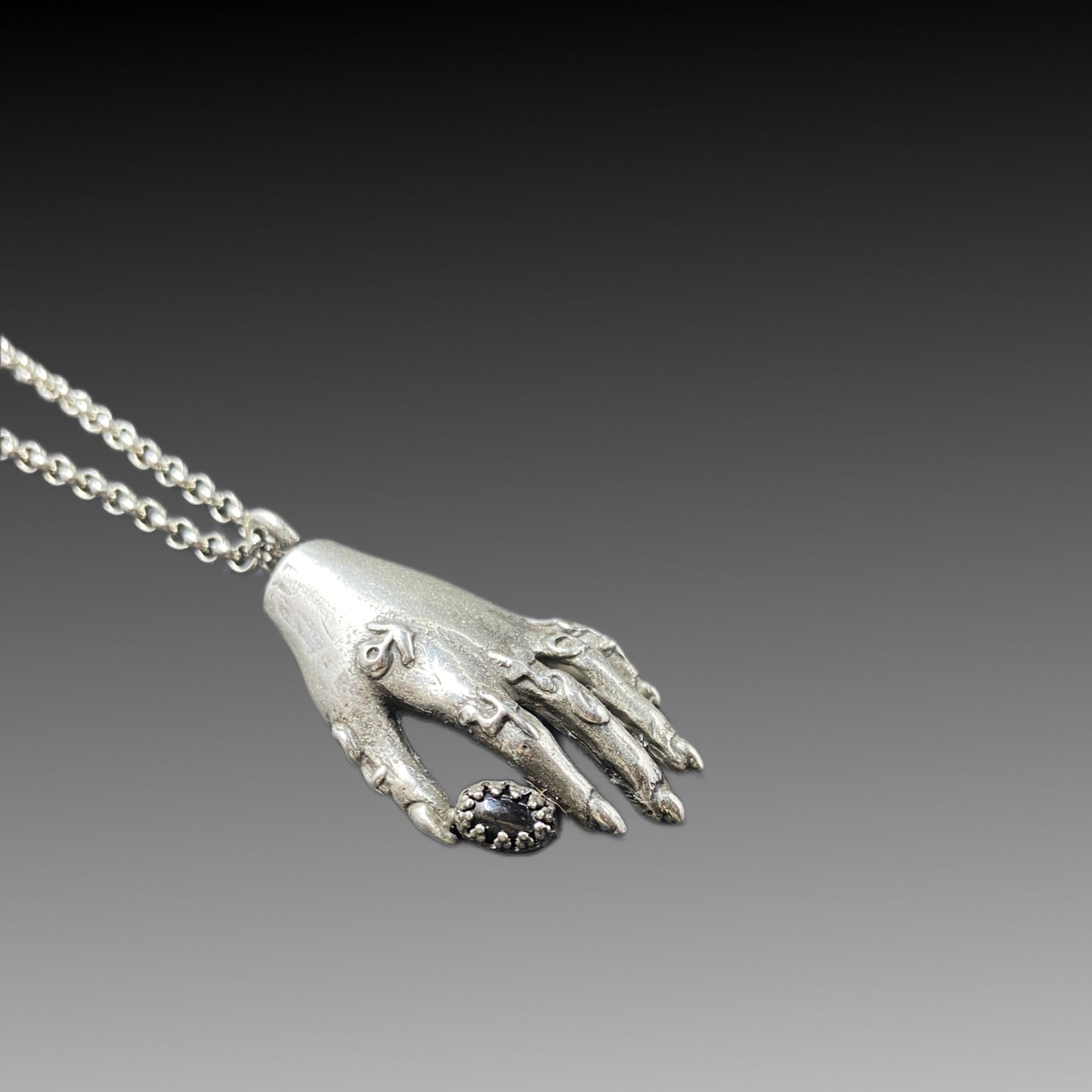 Silver Alchemist's Hand Pendant with Black Star Diopside