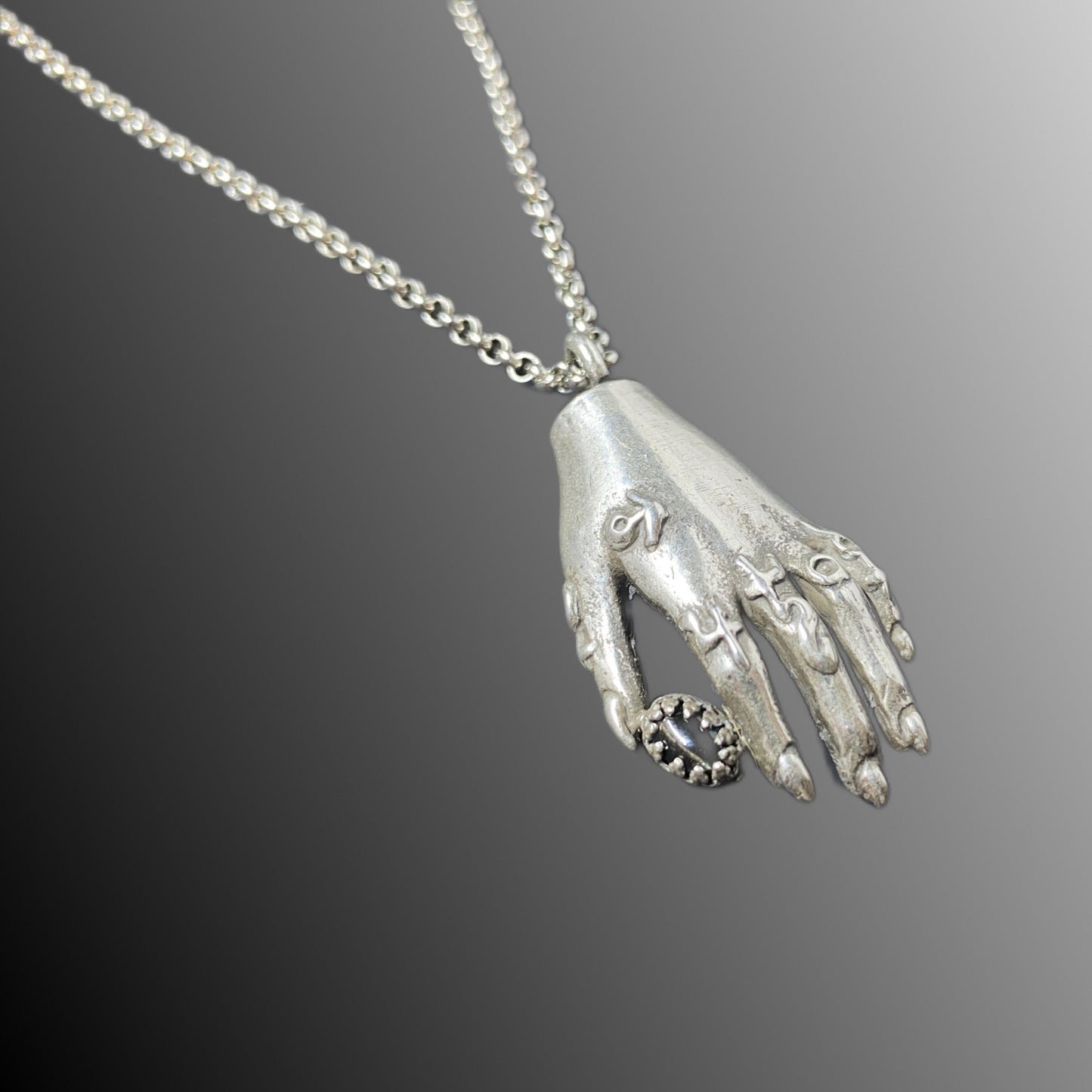 Silver Alchemist's Hand Pendant with Black Star Diopside