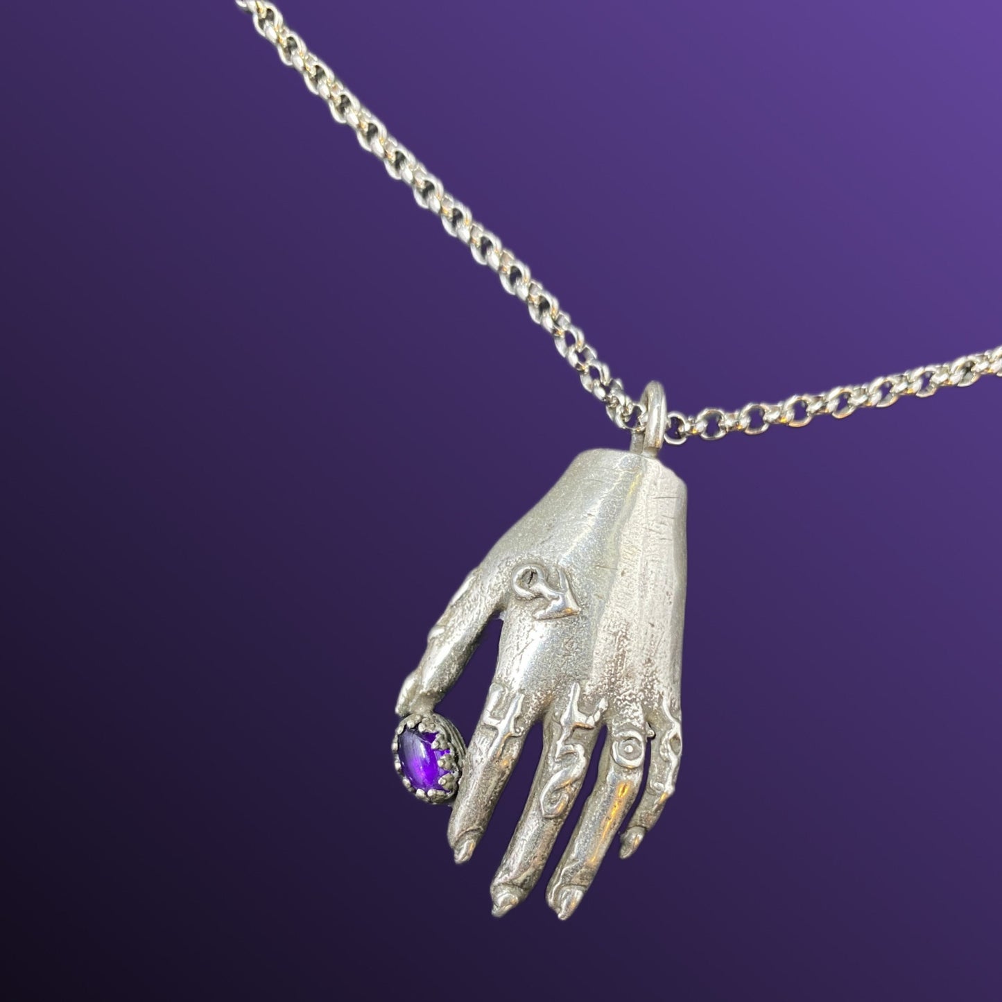 Silver Alchemist's Hand Pendant with Amethyst