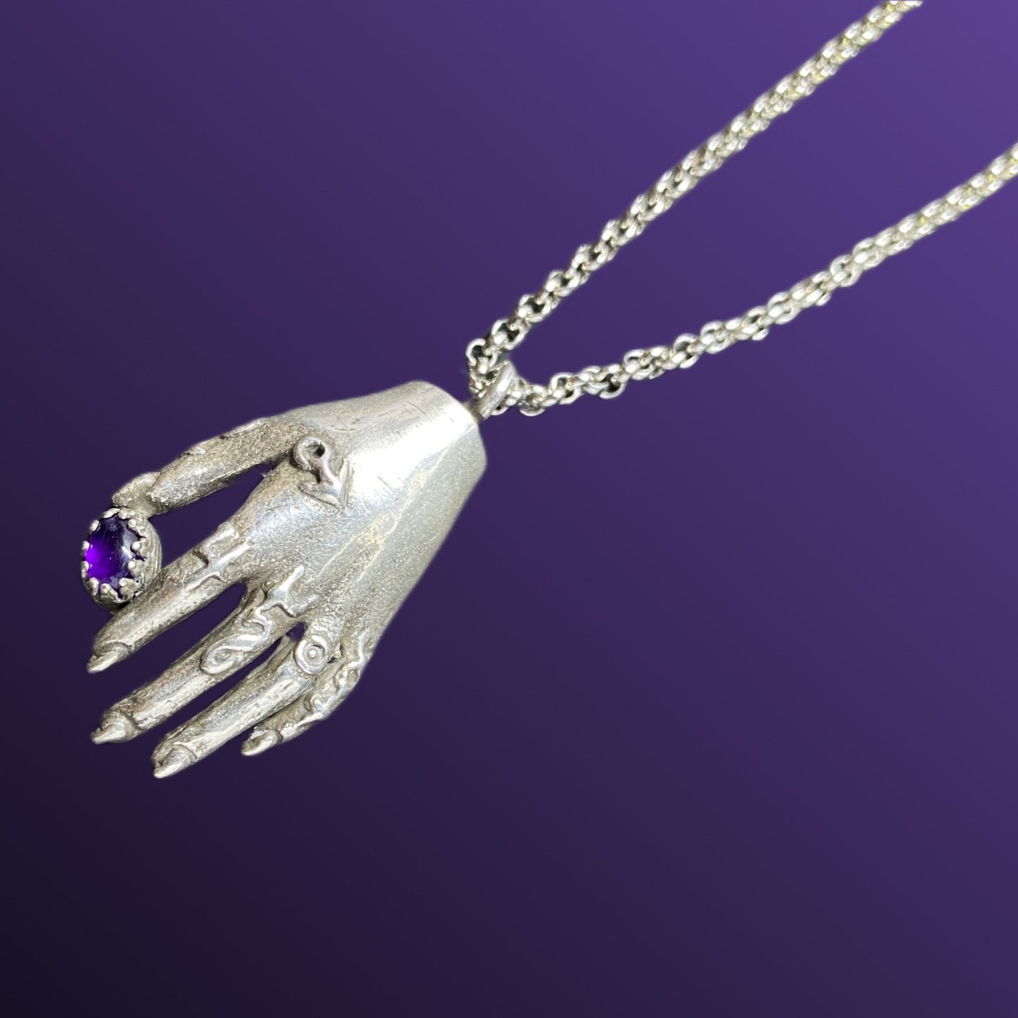 Silver Alchemist's Hand Pendant with Amethyst