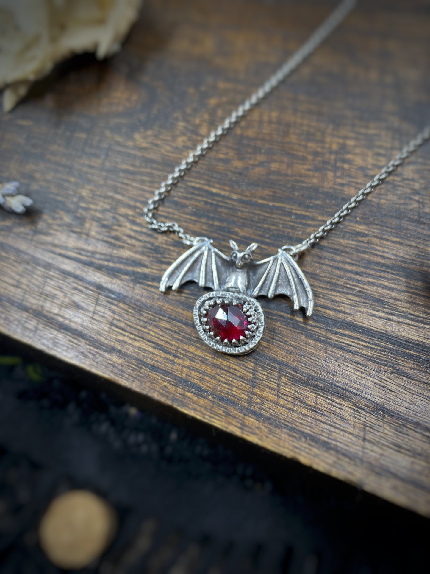 Sterling Silver Bat & Garnet Necklace