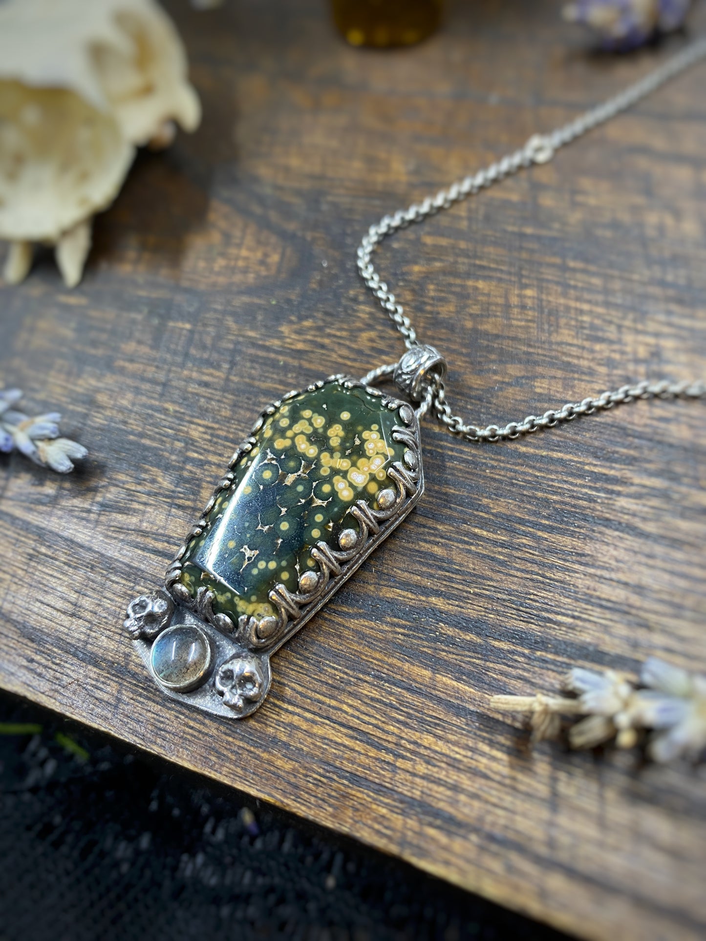 Jasper Coffin Necklace with Labradorite in Sterling Silver