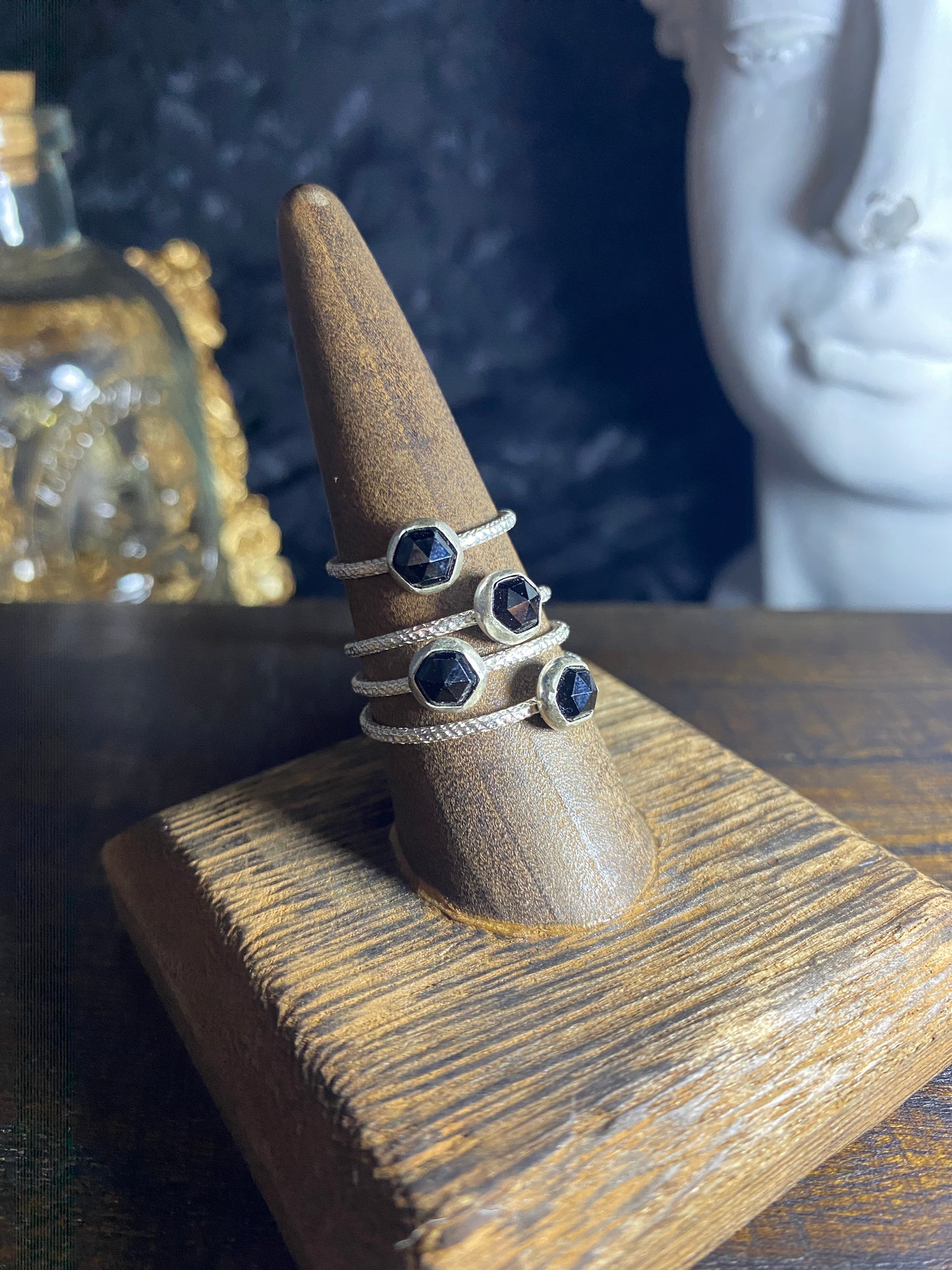 Mini Black Spinel Stacker Rings in Sterling Silver