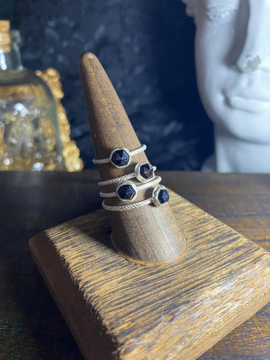 Mini Black Spinel Stacker Rings in Sterling Silver