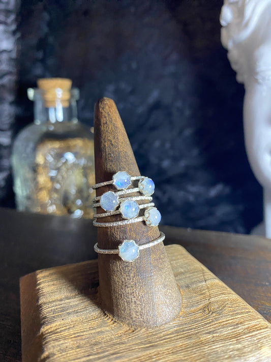 Mini Rainbow Moonstone Midi or Stacker Rings in Sterling Silver
