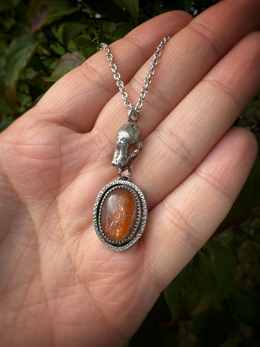 Sunstone Bat Skull Necklace