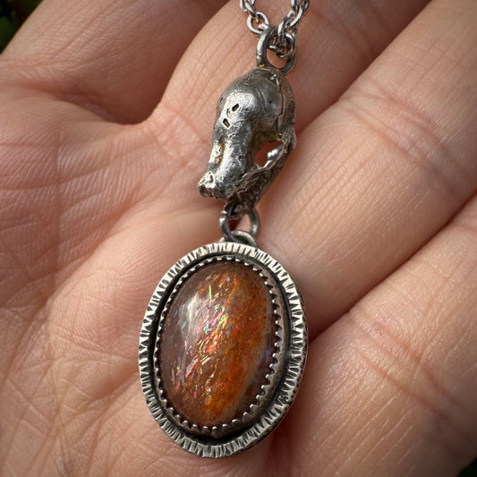 Sunstone Bat Skull Necklace