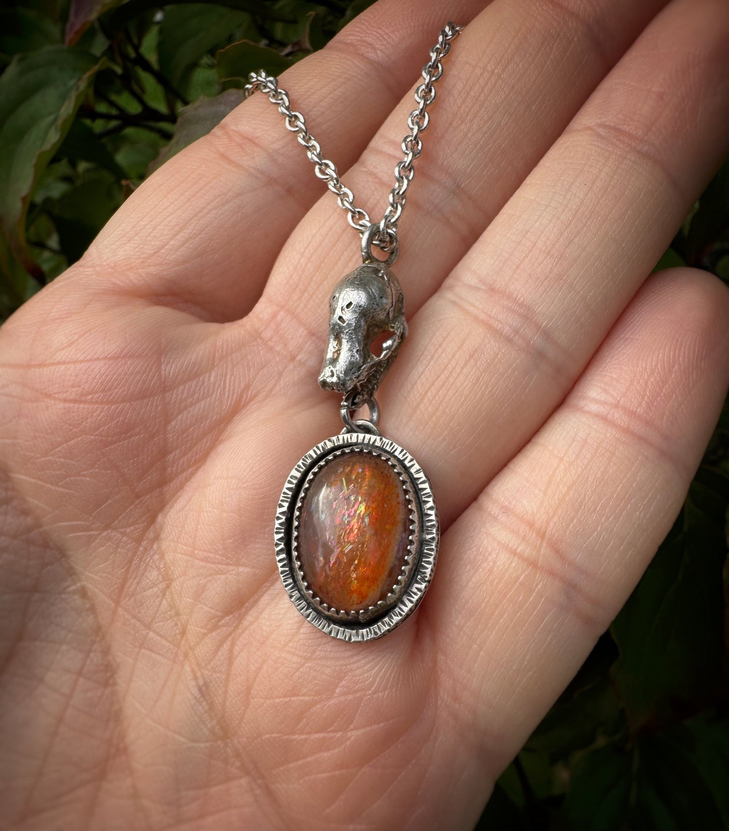 Sunstone Bat Skull Necklace