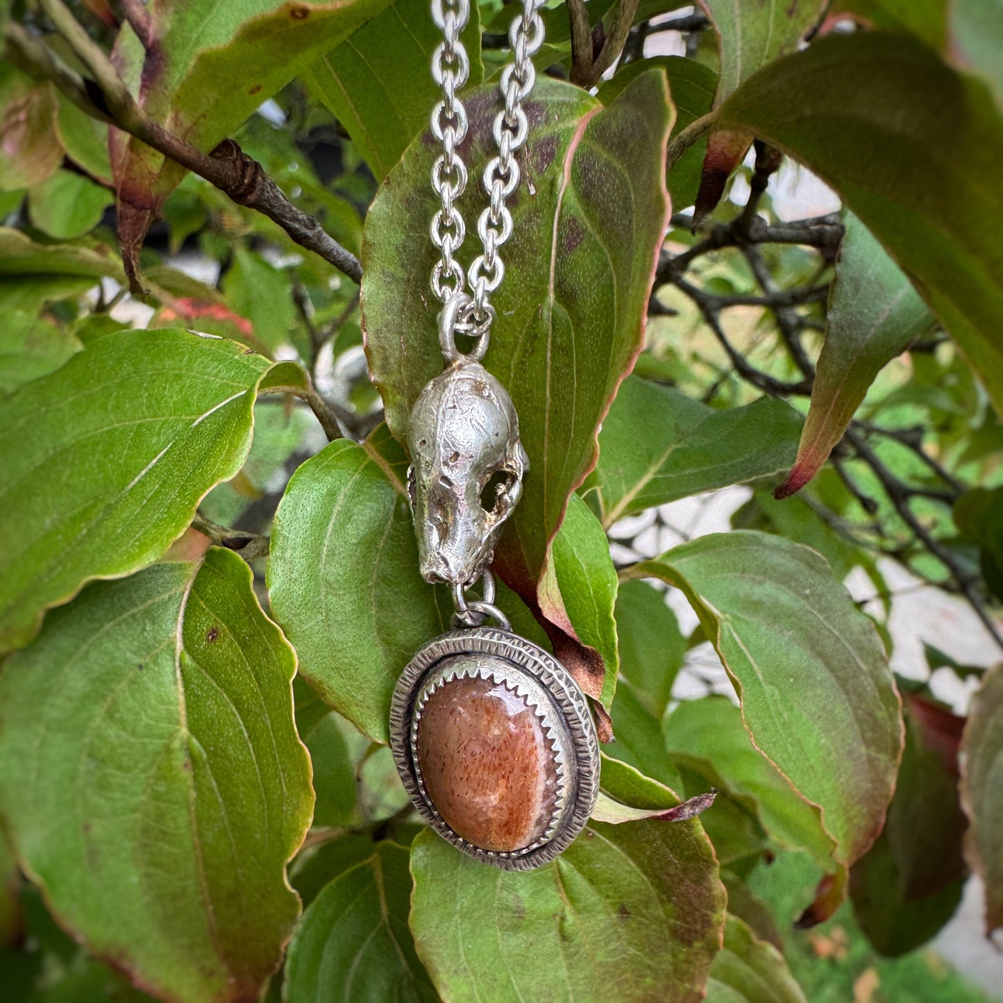 Sunstone Bat Skull Necklace