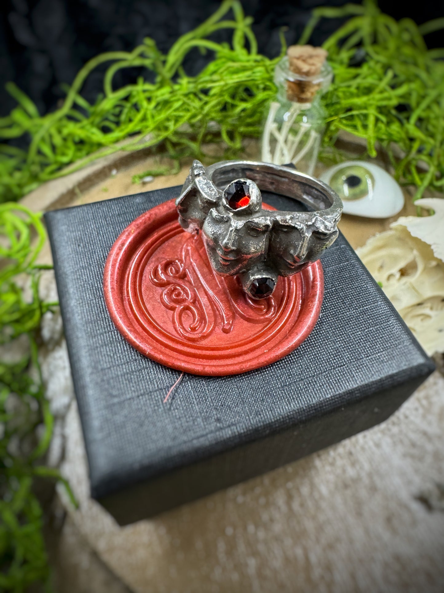 Three Sisters Silver and Garnet Ring