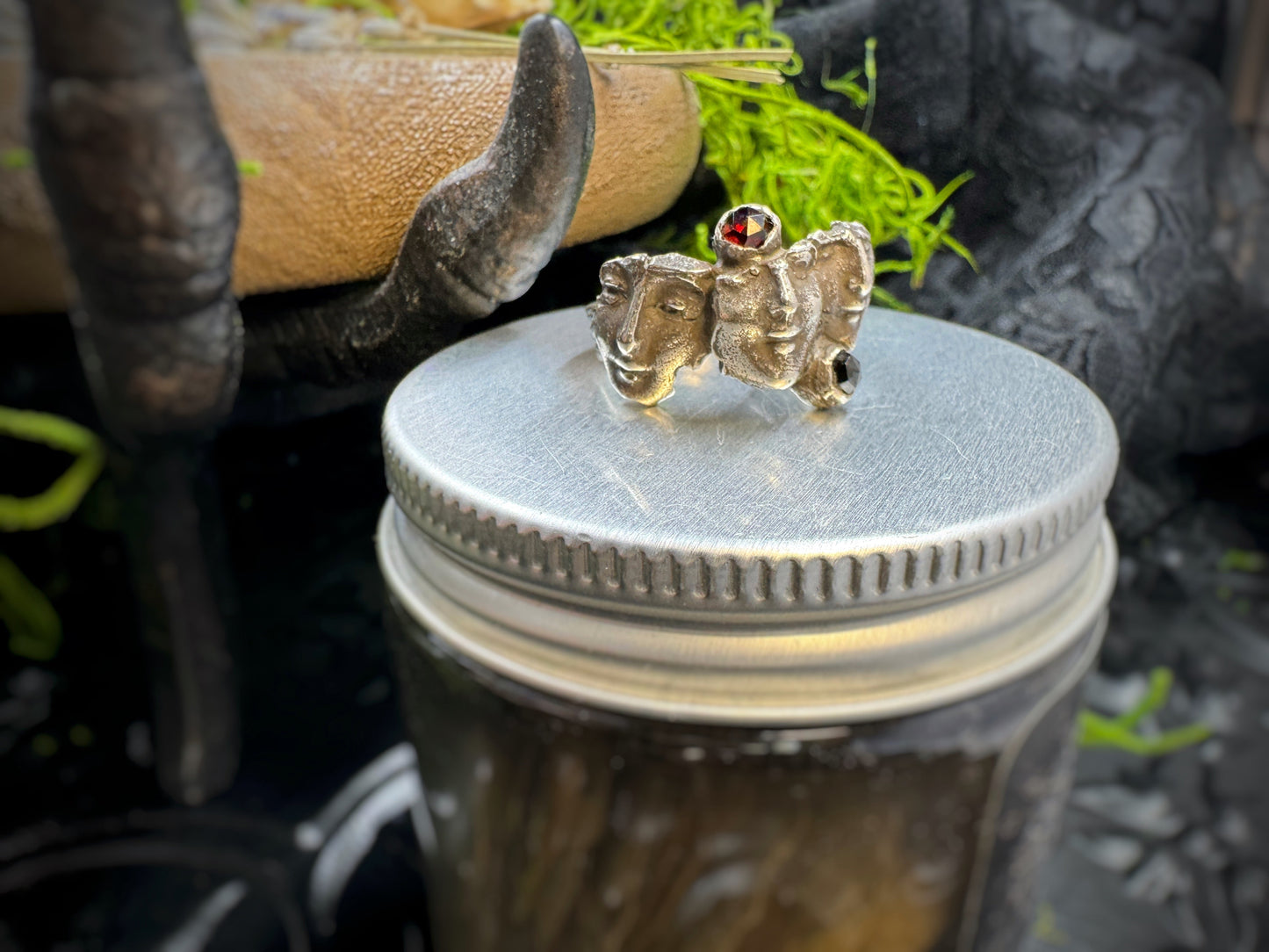 Three Sisters Silver and Garnet Ring