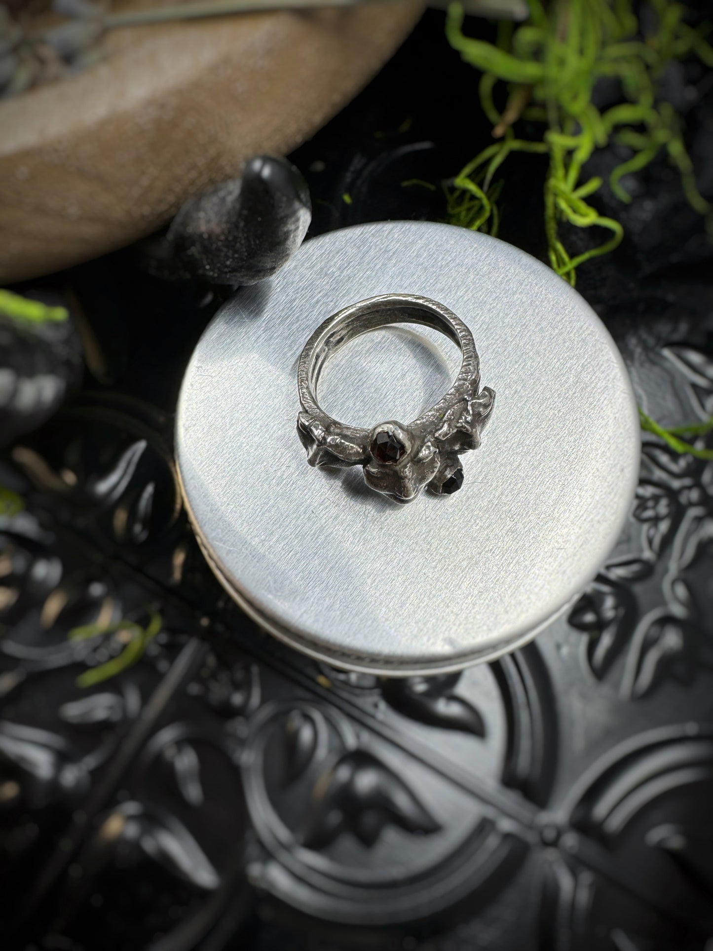 Three Sisters Silver and Garnet Ring