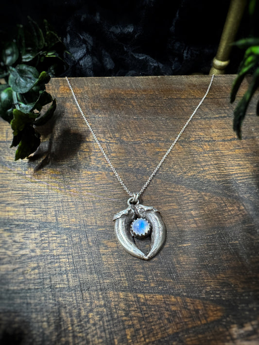 Sterling Silver Coyote Claw and Rainbow Moonstone Necklace