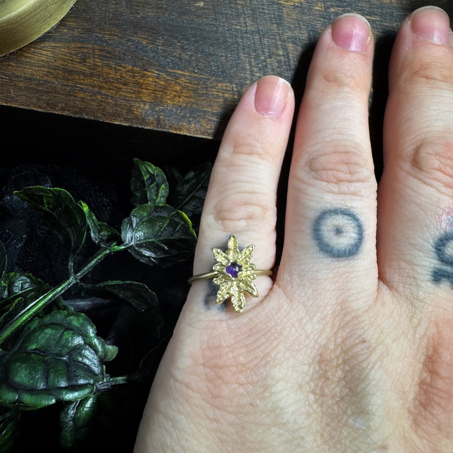 Brass and Amethyst Leaf Ring