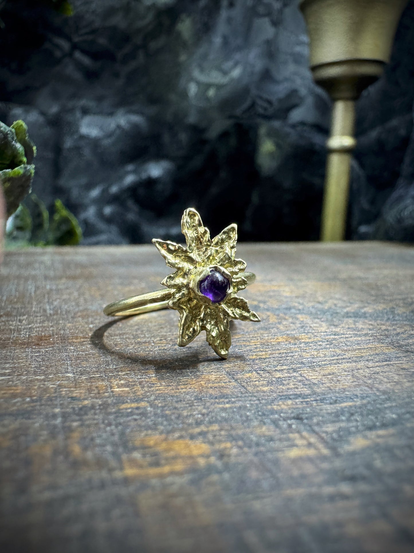 Brass and Amethyst Leaf Ring