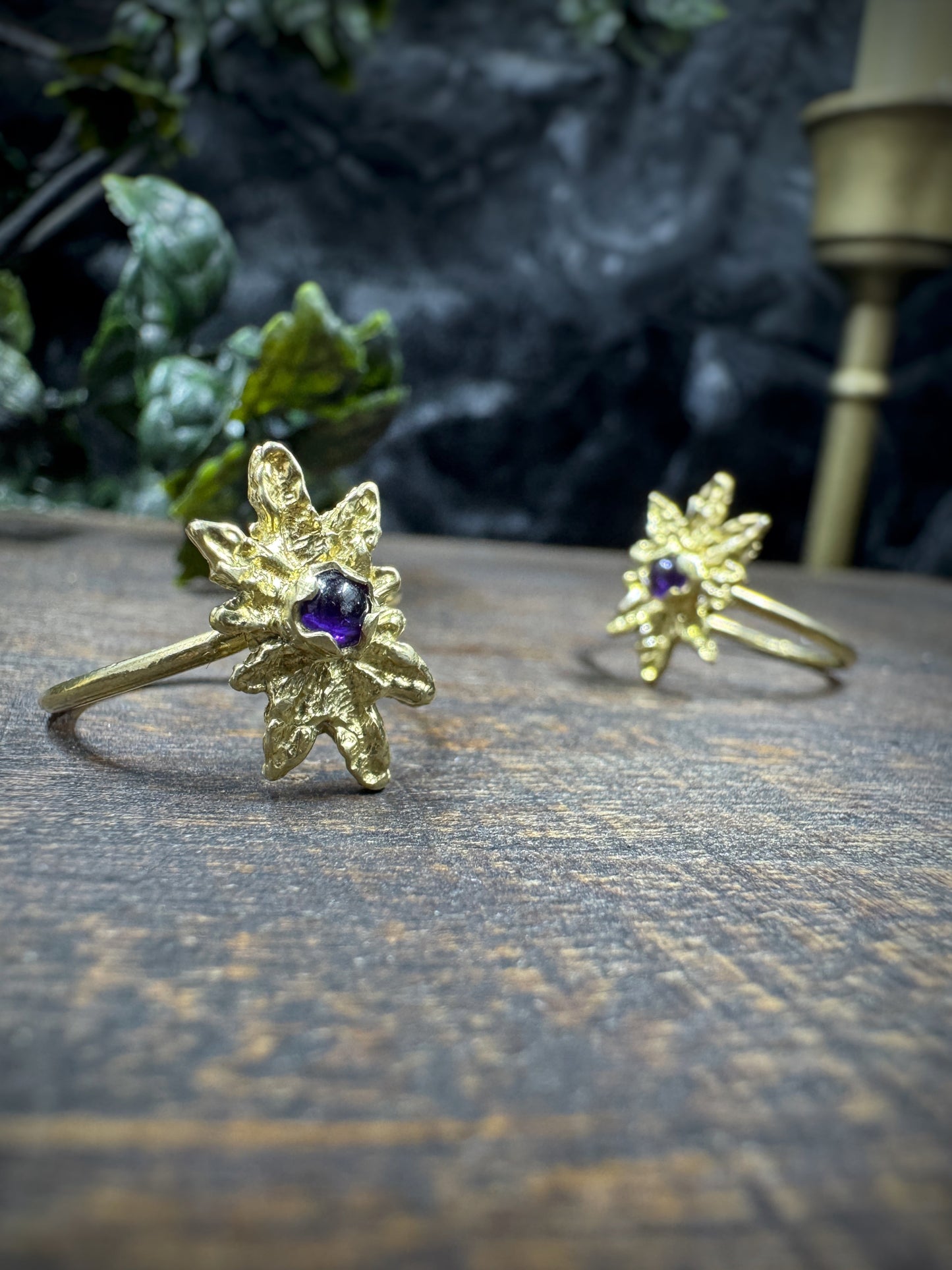 Brass and Amethyst Leaf Ring