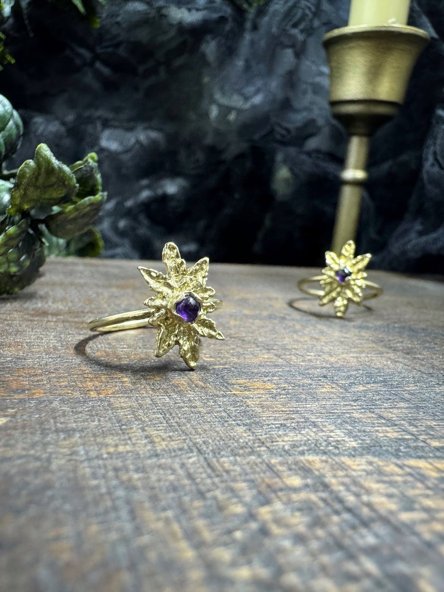 Brass and Amethyst Leaf Ring