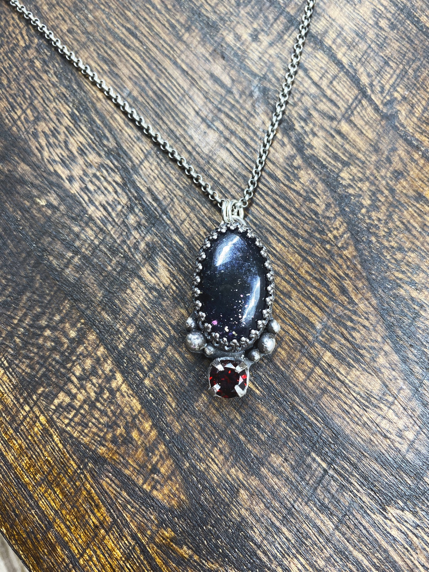 Silver Iolite Sunstone Statement Necklace with Garnet