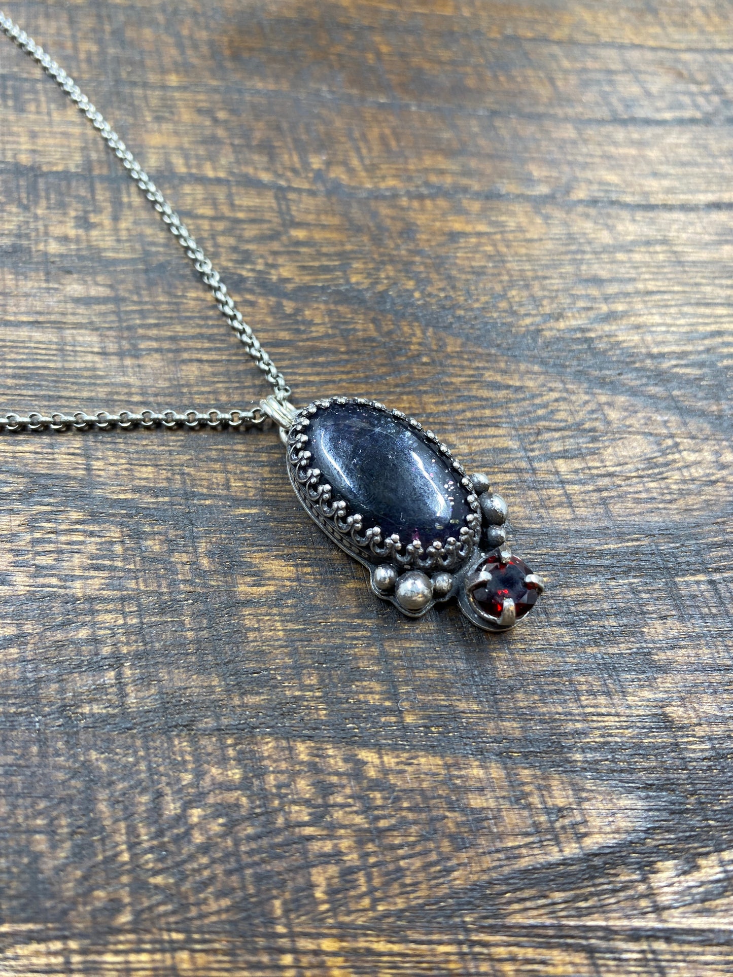 Silver Iolite Sunstone Statement Necklace with Garnet