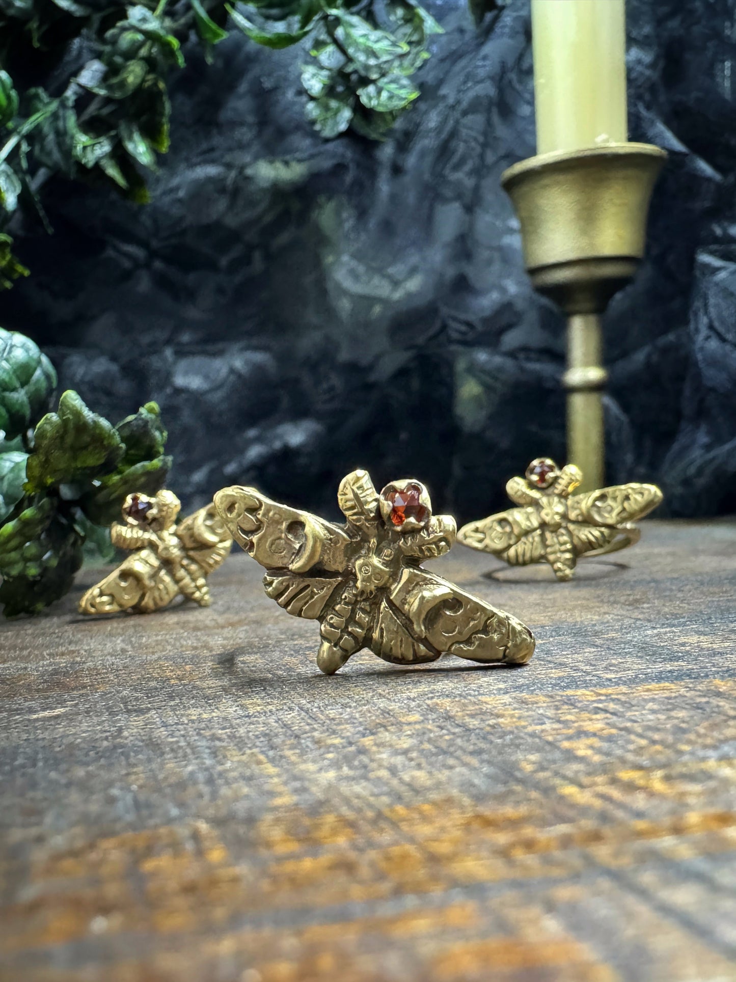 Lucille: Brass and Garnet Moth Ring