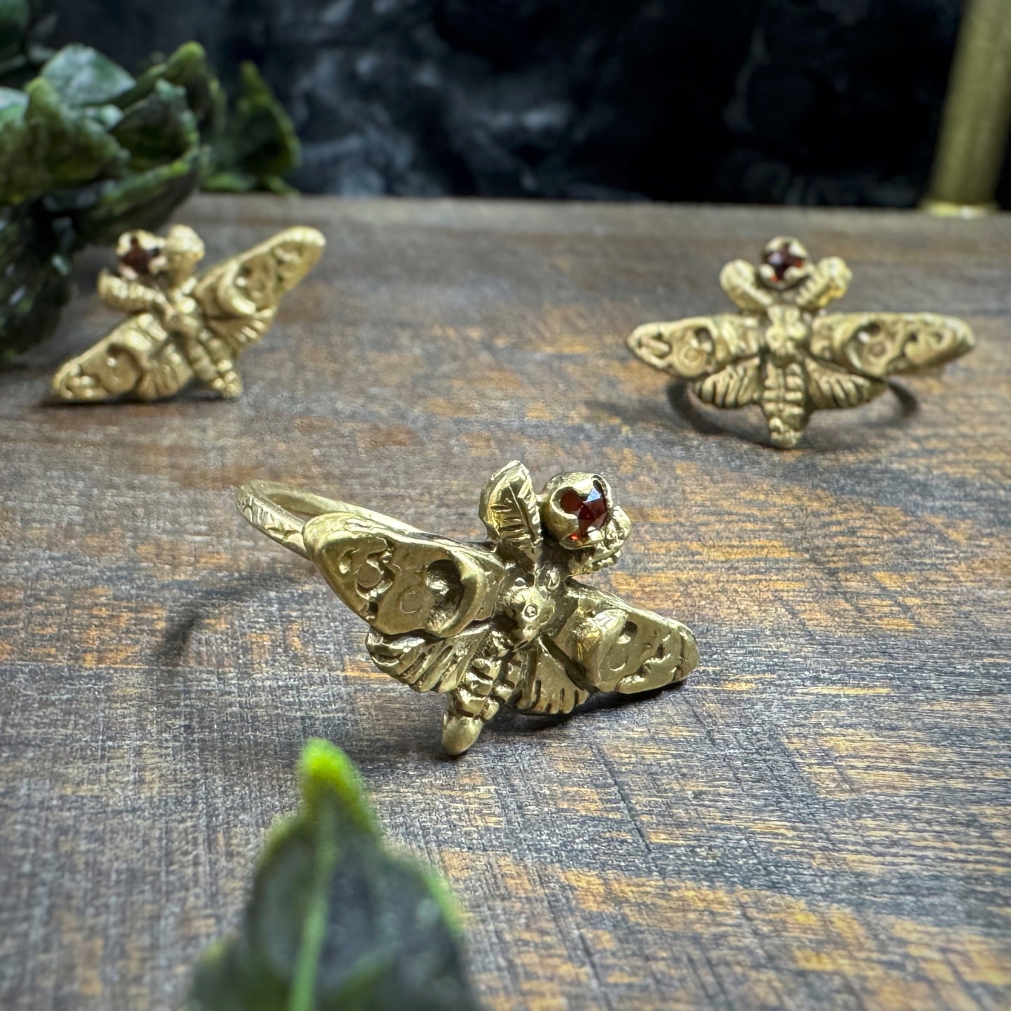 Lucille: Brass and Garnet Moth Ring