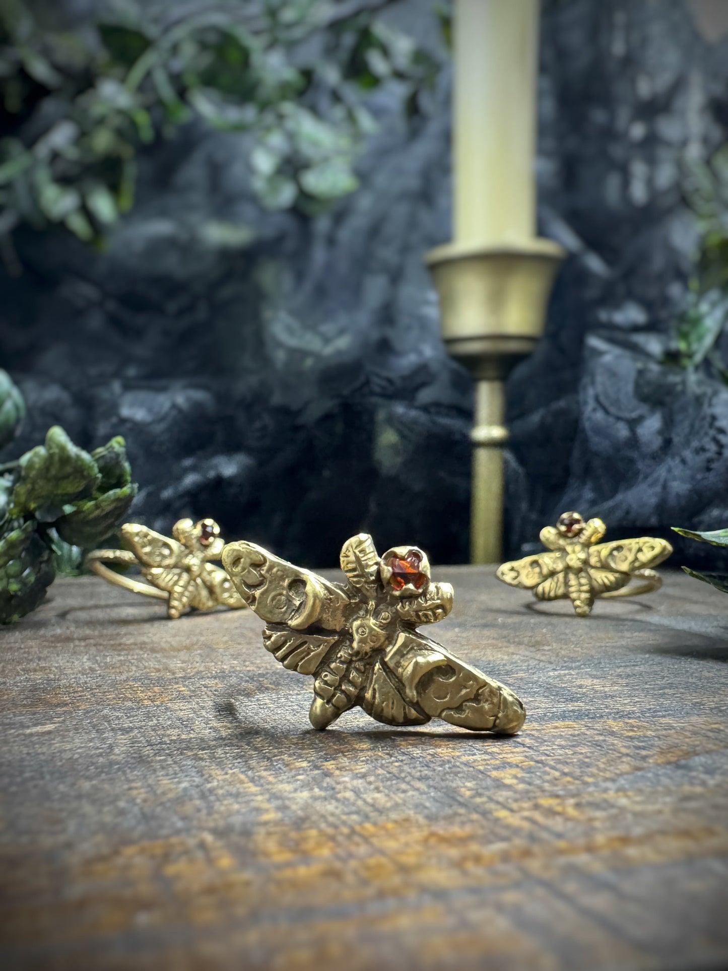 Lucille: Brass and Garnet Moth Ring