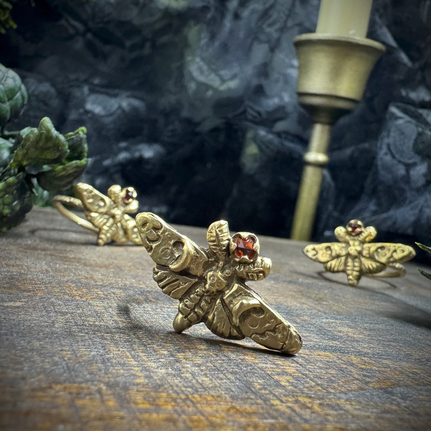Lucille: Brass and Garnet Moth Ring