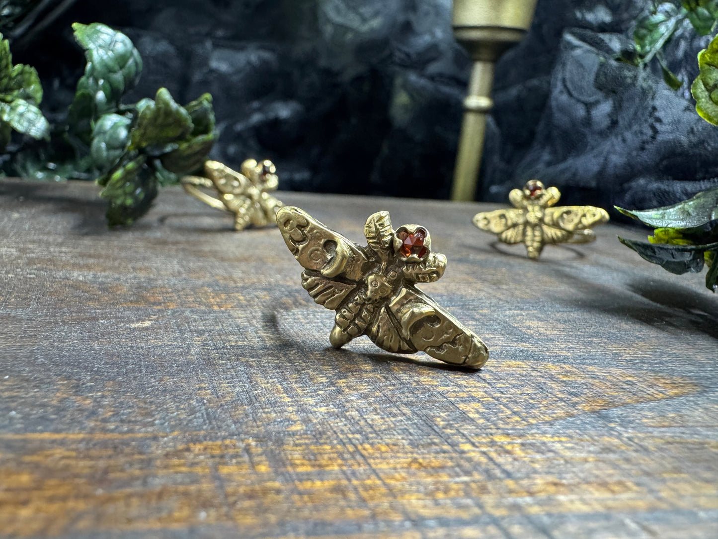 Lucille: Brass and Garnet Moth Ring