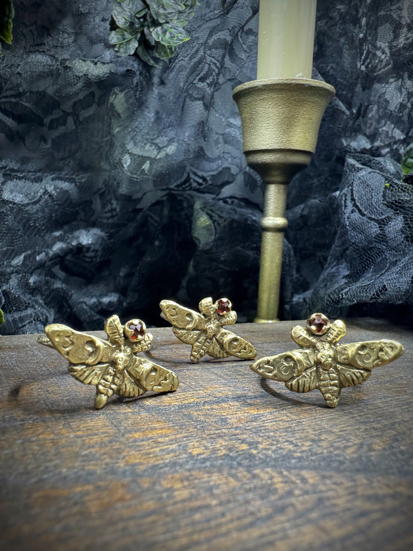 Lucille: Brass and Garnet Moth Ring