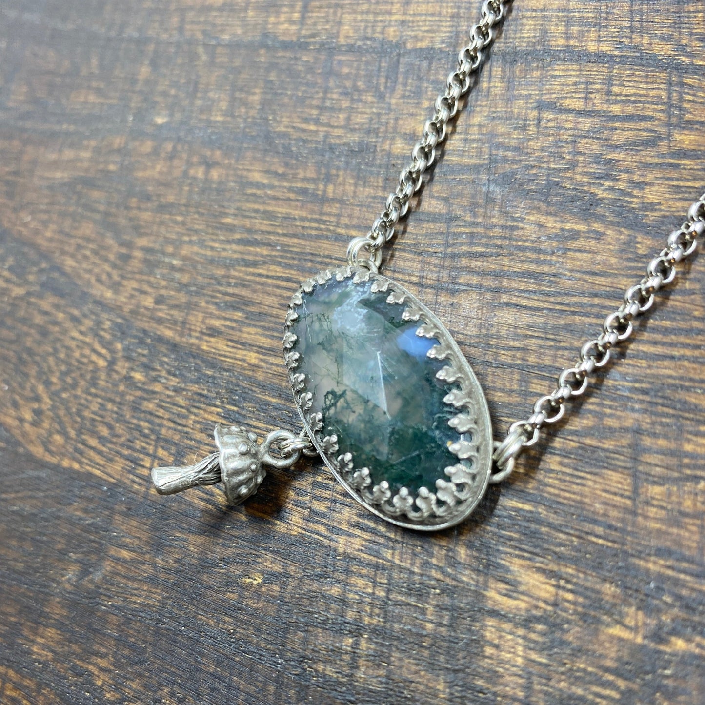 Sterling Silver Moss Agate and Mushroom Charm Necklace