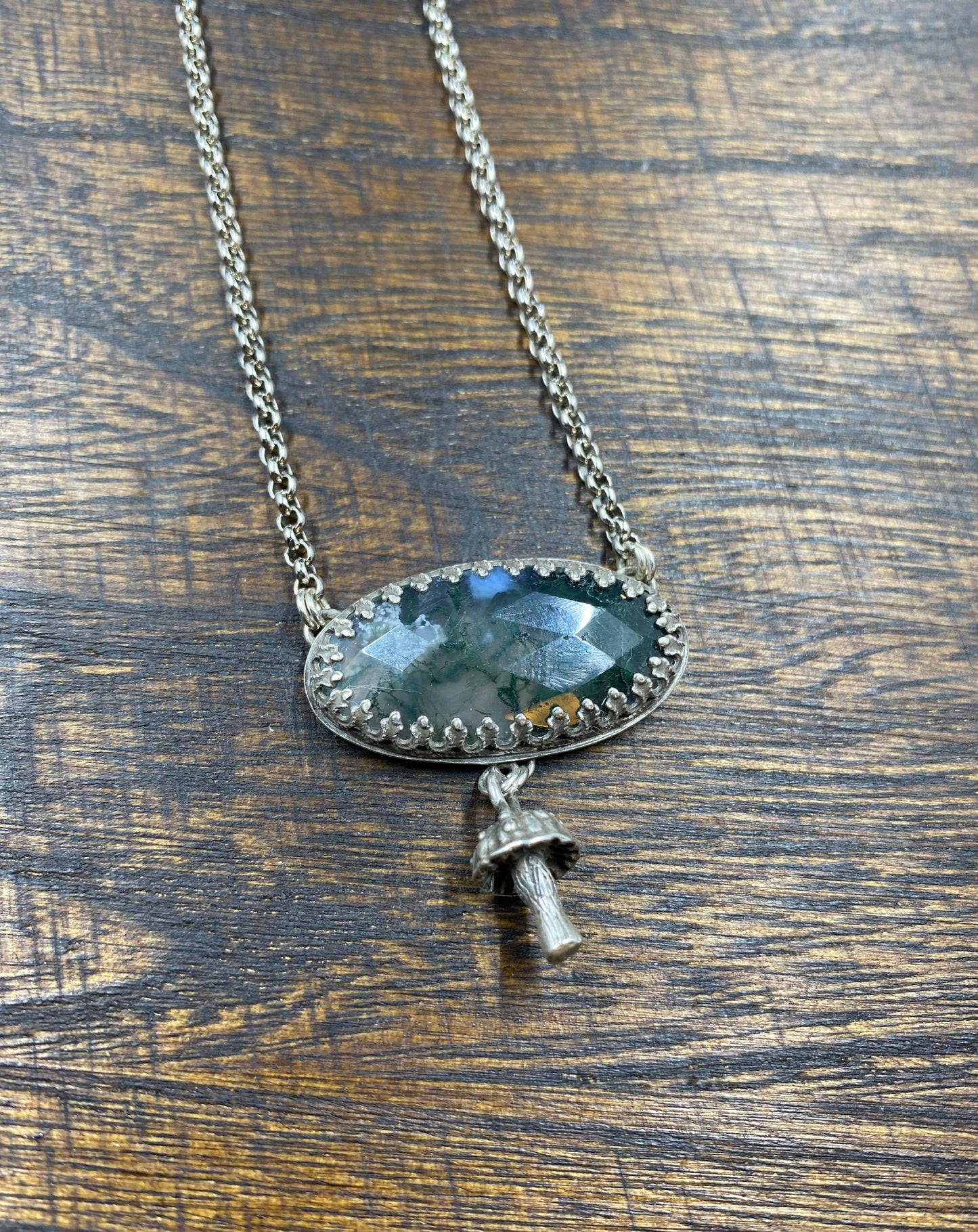 Sterling Silver Moss Agate and Mushroom Charm Necklace