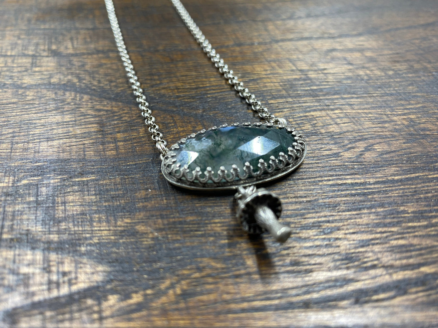 Sterling Silver Moss Agate and Mushroom Charm Necklace