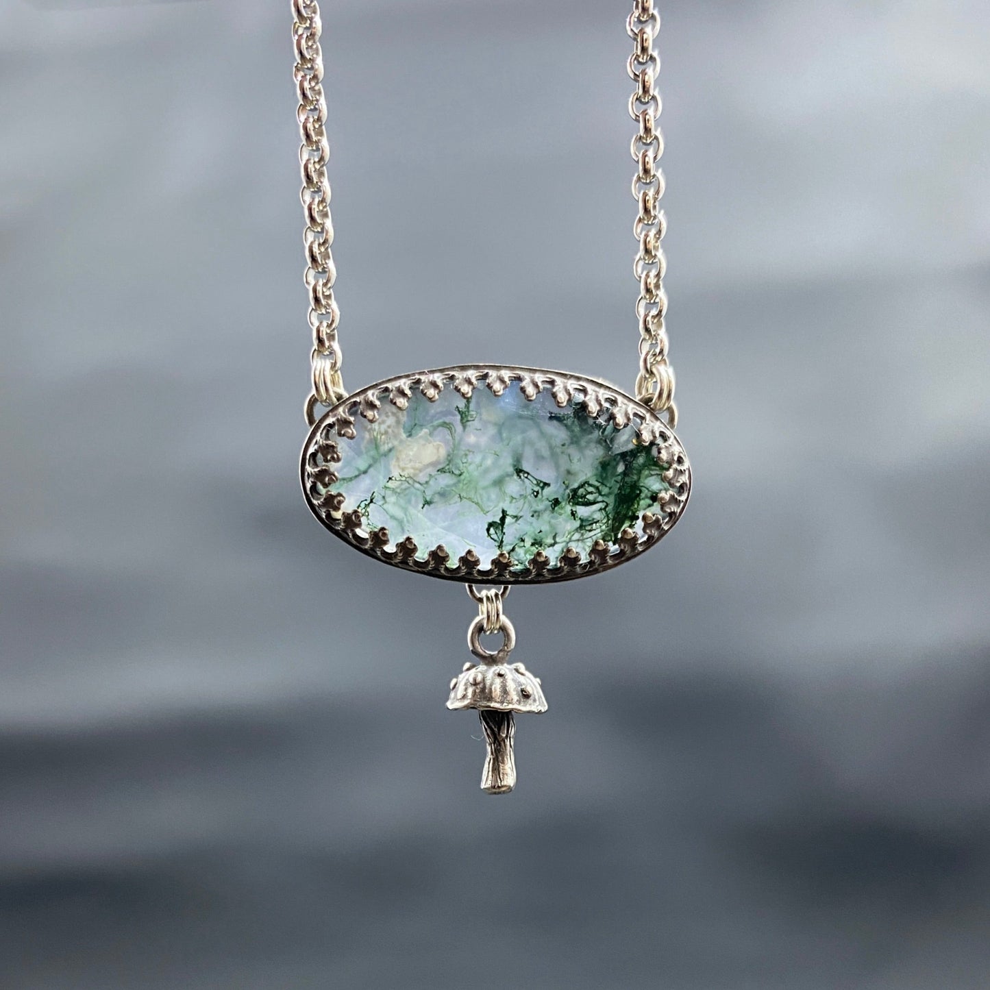 Sterling Silver Moss Agate and Mushroom Charm Necklace