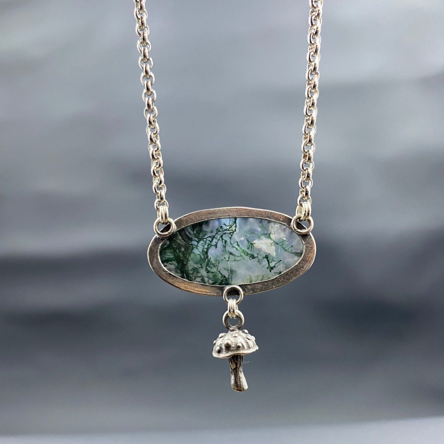 Sterling Silver Moss Agate and Mushroom Charm Necklace