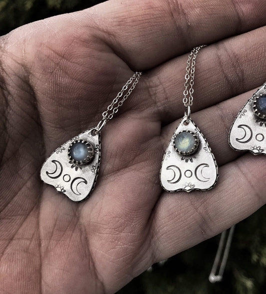 Rainbow Moonstone Sterling Silver Mini Planchette Necklace