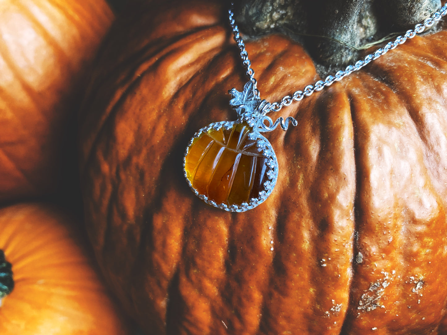 Small Amber Pumpkin Necklace In Sterling Silver